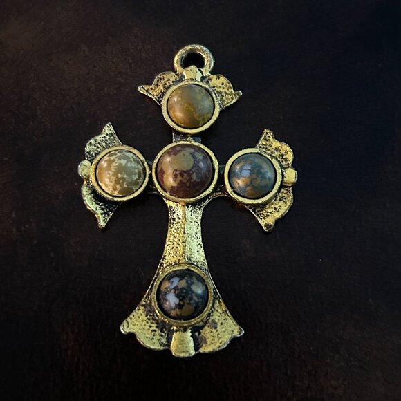 Vintage Brass Medieval Style Cross Pendant with Natural Stones